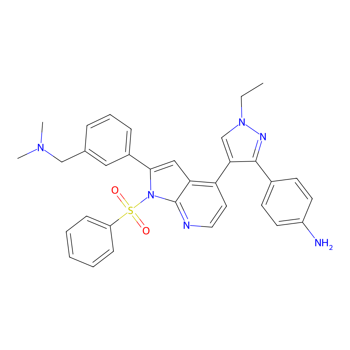 4-(4-(2-(3-((dimethylamino)methyl)phenyl)-1-(phenylsulfonyl)-1H-pyrrolo[2,3-b]pyridin-4-yl)-1-ethyl-1H-pyrazol-3-yl)aniline molecular structure, CAS 1415560-01-8