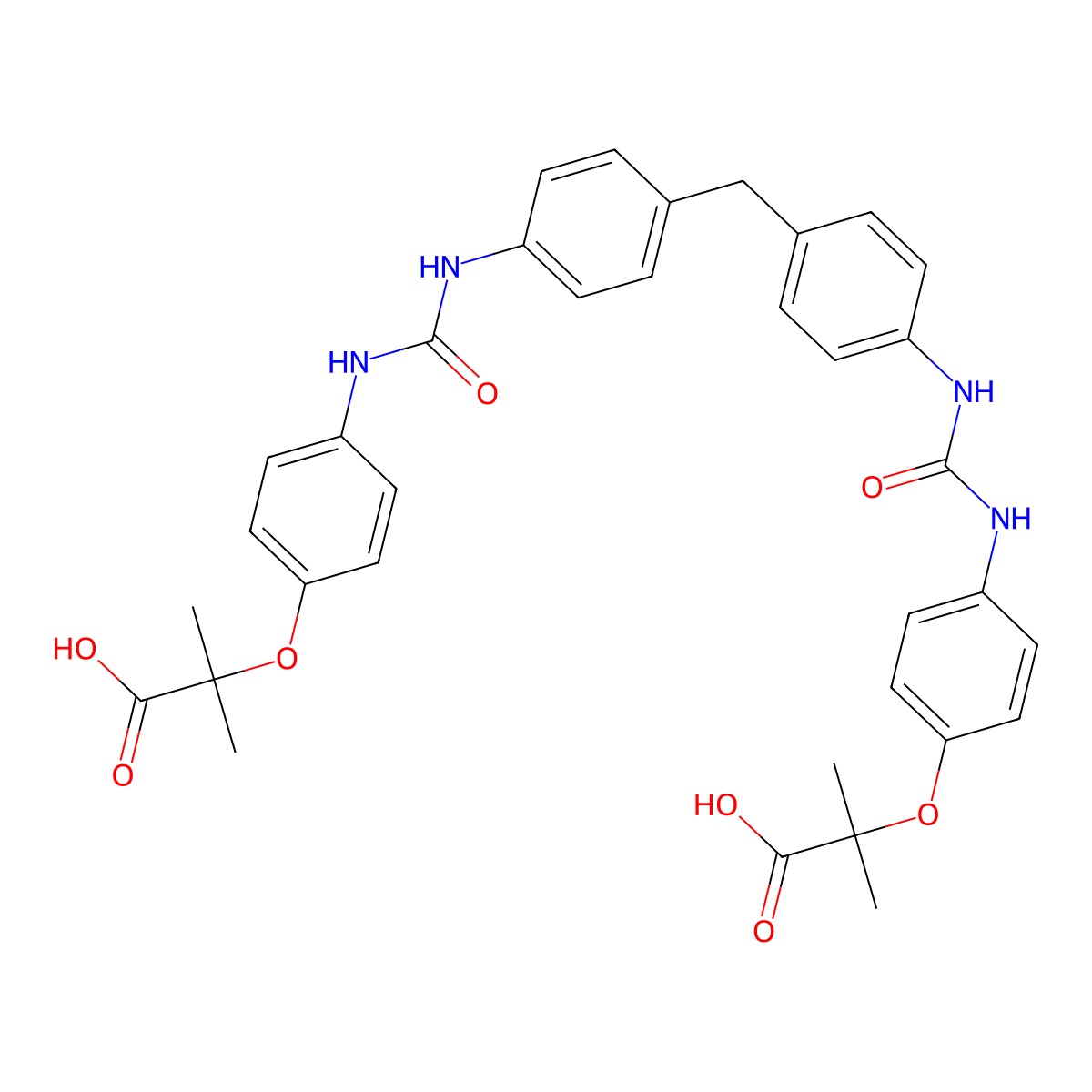 2,2'-(4,4'-(4,4'-Methylenebis(4,1-phenylene)bis(azanediyl))bis(oxomethylene)bis(azanediyl)bis(4,1-phenylene))bis(oxy)bis(2-methylpropanoic acid) molecular structure, CAS 1415560-60-9