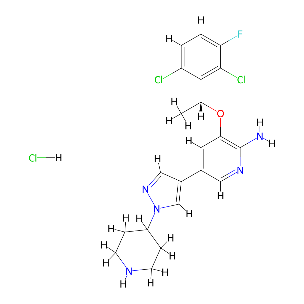 2-Pyridinamine, 3-((1R)-1-(2,6-dichloro-3-fluorophenyl)ethoxy)-5-(1-(4-piperidinyl)-1H-pyrazol-4-yl)-, hydrochloride (1:1) molecular structure, CAS 1415560-69-8
