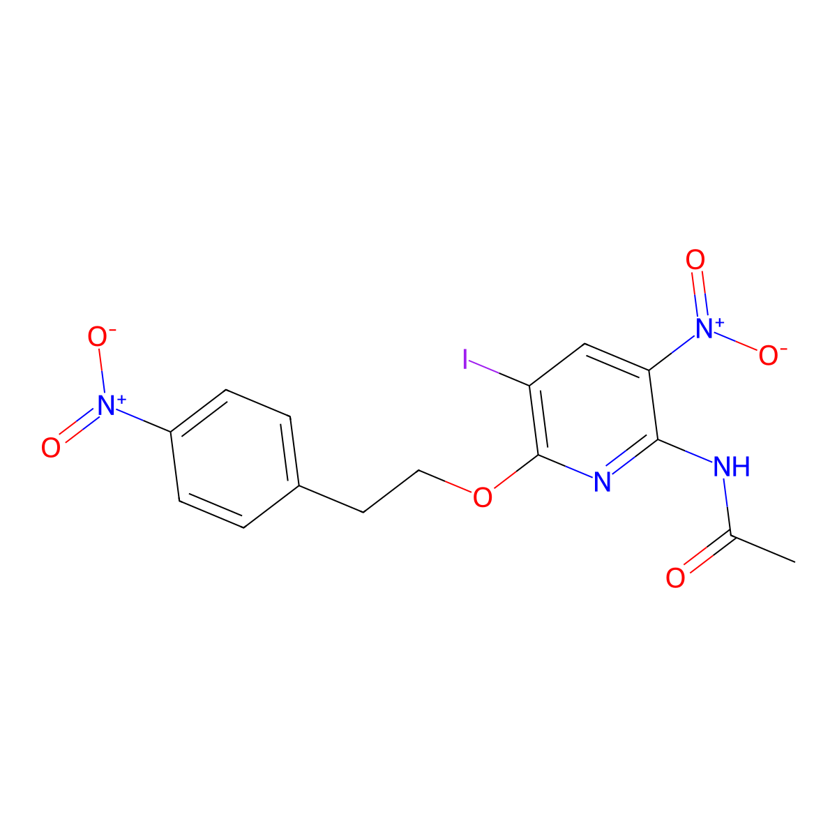 N-(5-iodo-3-nitro-6-(4-nitrophenethoxy)pyridin-2-yl)acetamide molecular structure, CAS 1415562-49-0
