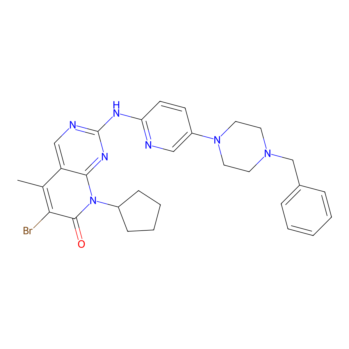 2-(5-(4-benzylpiperazin-1-yl)pyridin-2-ylamino)-6-bromo-8-cyclopentyl-5-methylpyrido[2,3-d]pyrimidin-7(8H)-one molecular structure, CAS 1415562-68-3