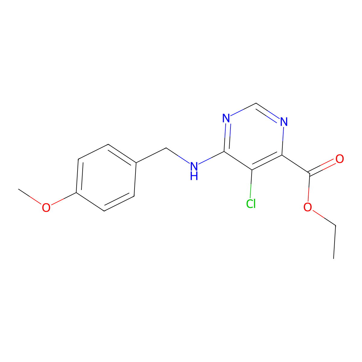 Ethyl 5-chloro-6-((4-methoxybenzyl)amino)pyrimidine-4-carboxylate molecular structure, CAS 1415562-75-2