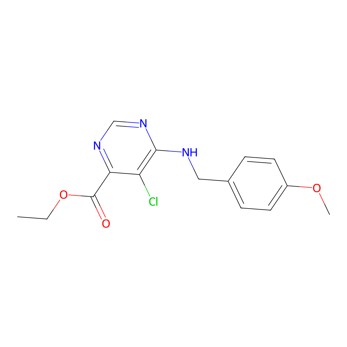 Ethyl 5-chloro-6-((4-methoxybenzyl)amino)pyrimidine-4-carboxylate molecular structure, CAS 1415562-75-2