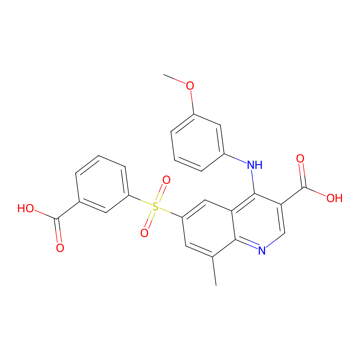 6-(3-Carboxyphenylsulfonyl)-4-(3-methoxyphenylamino)-8-methylquinoline-3-carboxylic acid molecular structure, CAS 1415562-87-6