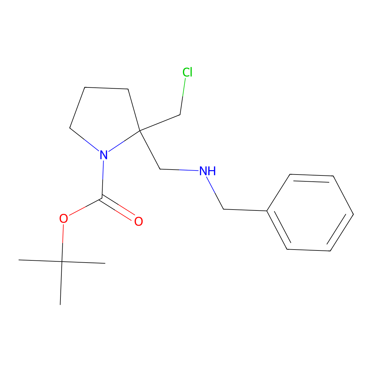 Tert-butyl 2-((benzylamino)methyl)-2-(chloromethyl)pyrrolidine-1-carboxylate molecular structure, CAS 1415564-45-2