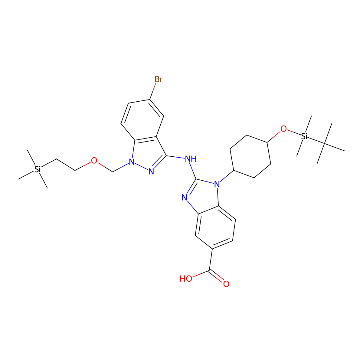 2-(5-bromo-1-((2-(trimethylsilyl)ethoxy)methyl)-1H-indazol-3-ylamino)-1-((1r,4r)-4-(tert-butyldimethylsilyloxy)cyclohexyl)-1H-benzo[d]imidazole-5-carboxylic acid molecular structure, CAS 1415565-14-8