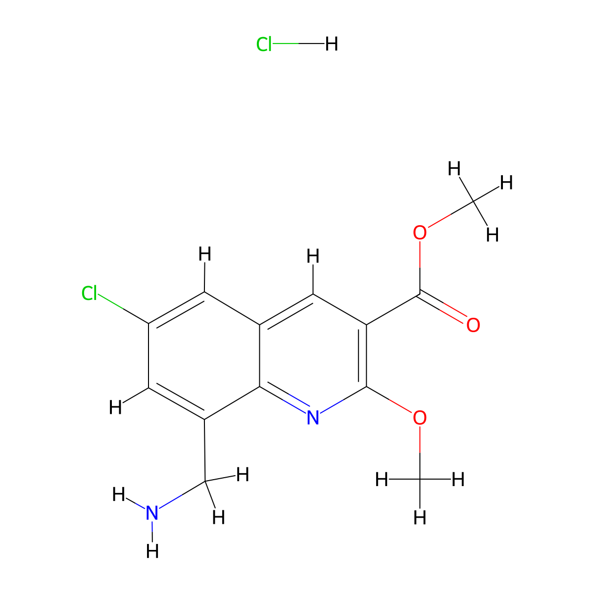 Methyl 8-(aminomethyl)-6-chloro-2-methoxyquinoline-3-carboxylate hydrochloride molecular structure, CAS 1415633-59-8