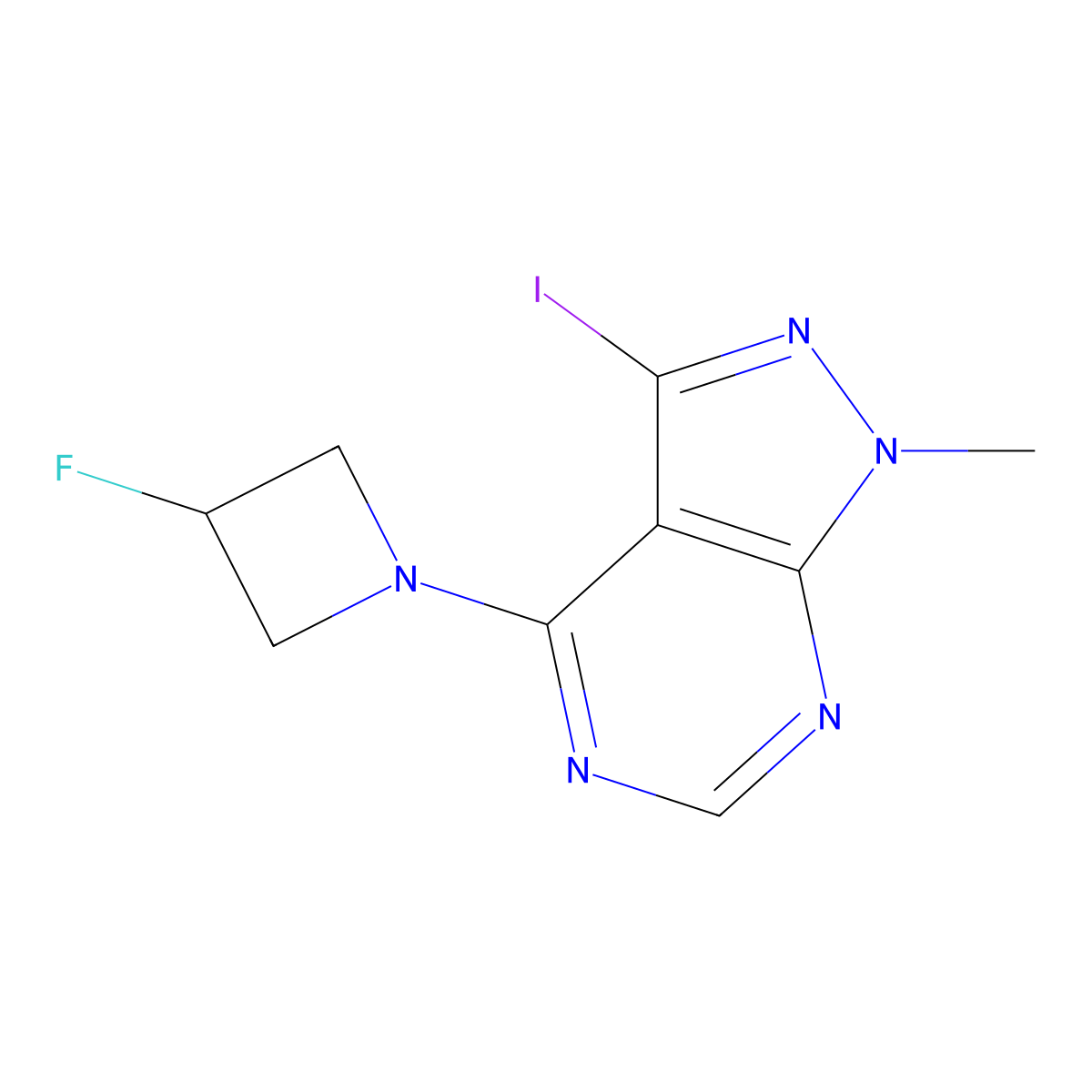 4-(3-fluoroazetidin-1-yl)-3-iodo-1-methyl-1H-pyrazolo[3,4-d]pyrimidine molecular structure, CAS 1415638-02-6