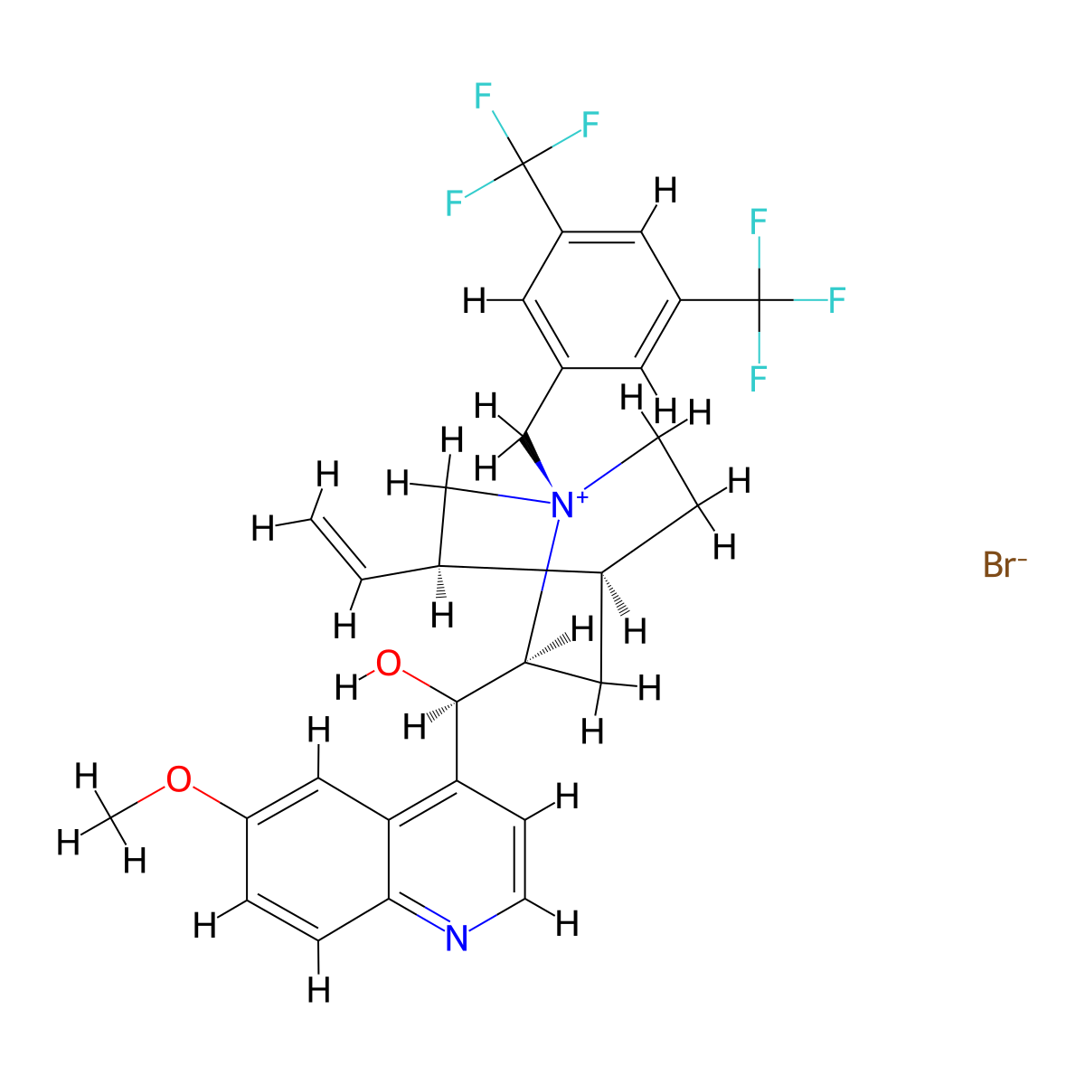 (1S,2S,4S,8R)-1-(3,5-bis(trifluoromethyl)benzyl)-2-((R)-hydroxy(6-methoxyquinolin-4-yl)methyl)-8-vinyl-1-azoniabicyclo[2.2.2]octane bromide molecular structure, CAS 1415666-63-5