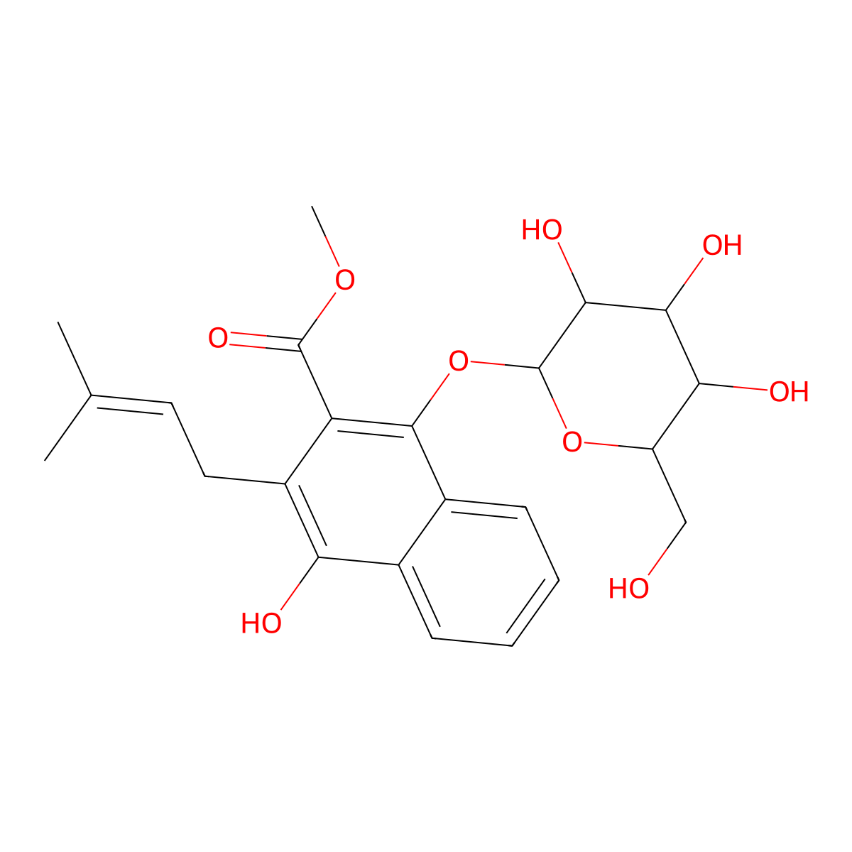 1,4-Dihydroxy-2-carbomethoxy-3-prenylnaphthalene-1-O-beta-glucopyranoside molecular structure, CAS 1415729-43-9