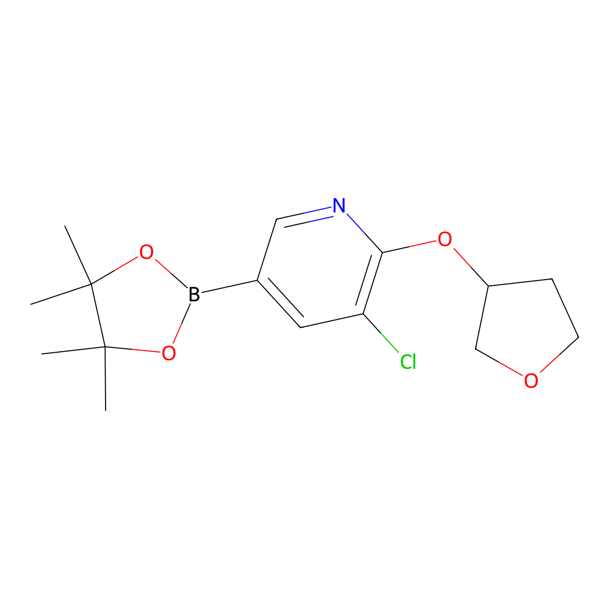 3-Chloro-2-((tetrahydrofuran-3-yl)oxy)-5-(4,4,5,5-tetramethyl-1,3,2-dioxaborolan-2-yl)pyridine molecular structure, CAS 1415747-13-5