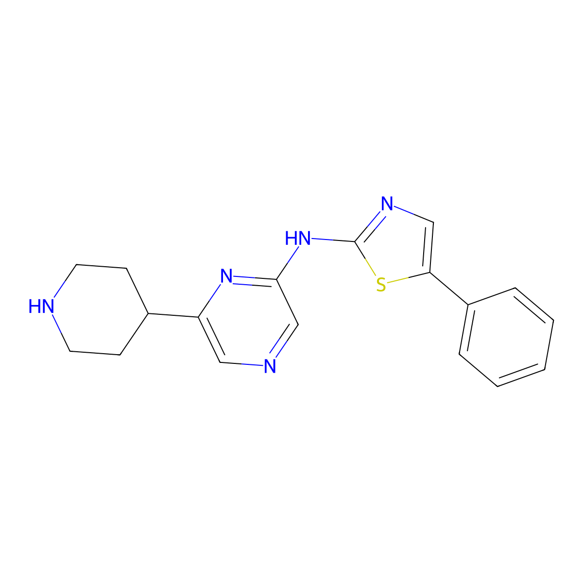 2-Pyrazinamine, N-(5-phenyl-2-thiazolyl)-6-(4-piperidinyl)- molecular structure, CAS 1415812-60-0
