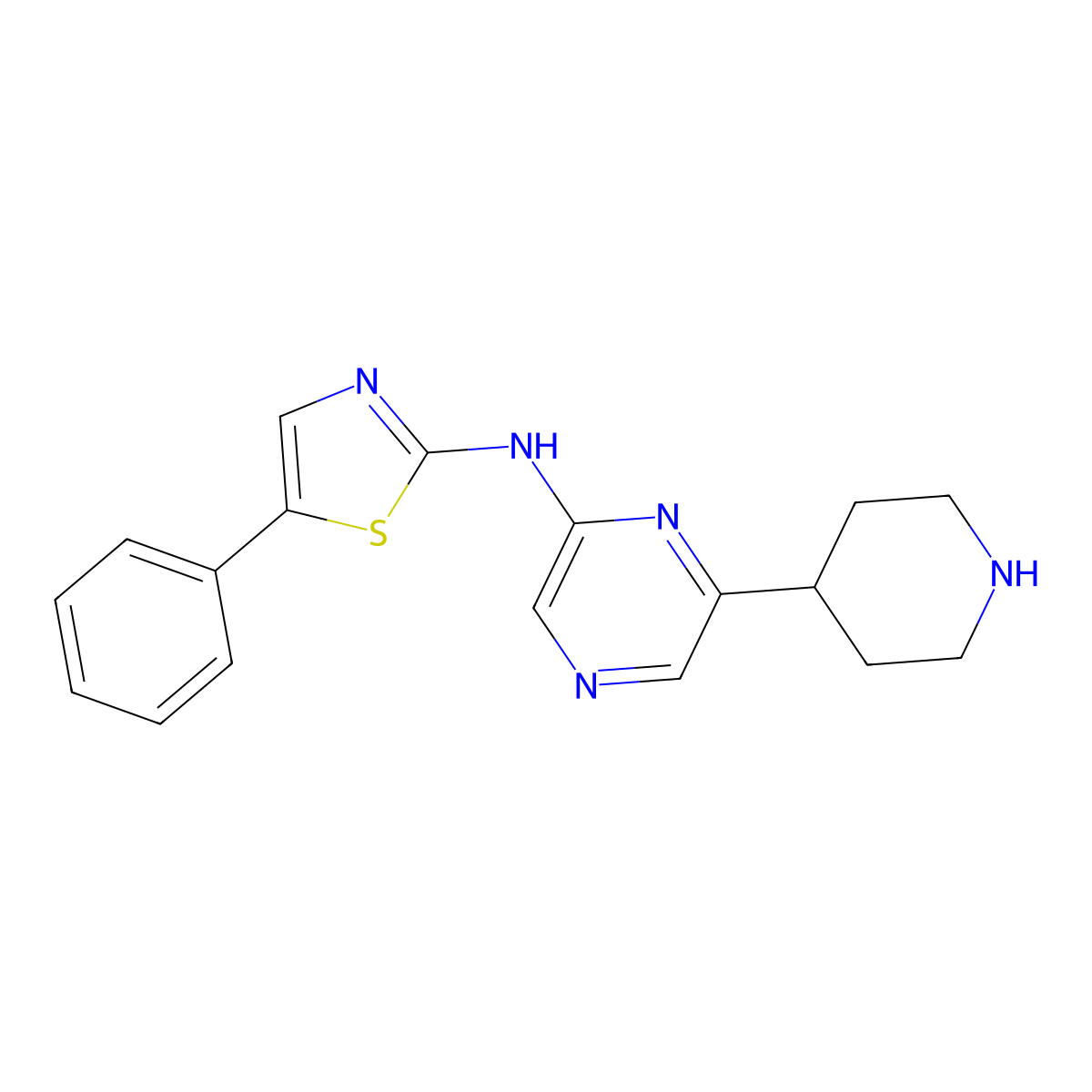 2-Pyrazinamine, N-(5-phenyl-2-thiazolyl)-6-(4-piperidinyl)- molecular structure, CAS 1415812-60-0