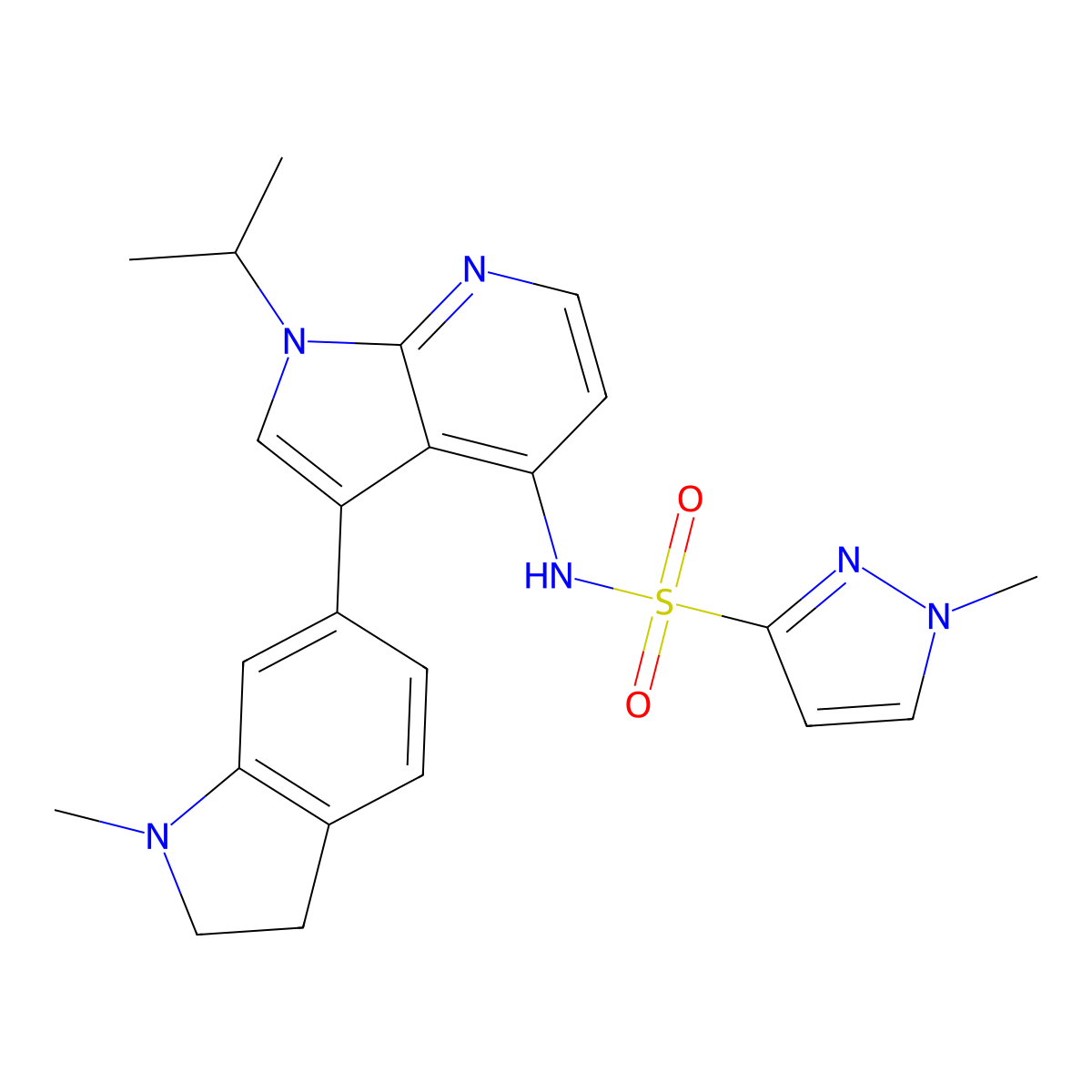 N-(1-Isopropyl-3-(1-methylindolin-6-yl)-1H-pyrrolo[2,3-b]pyridin-4-yl)-1-methyl-1H-pyrazole-3-sulfonamide molecular structure, CAS 1415925-18-6