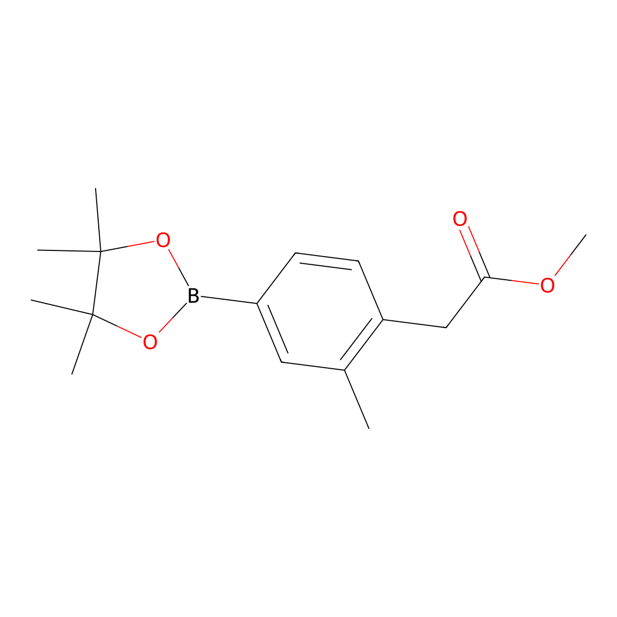 Methyl 2-(2-methyl-4-(4,4,5,5-tetramethyl-1,3,2-dioxaborolan-2-yl)phenyl)acetate molecular structure, CAS 1415960-54-1