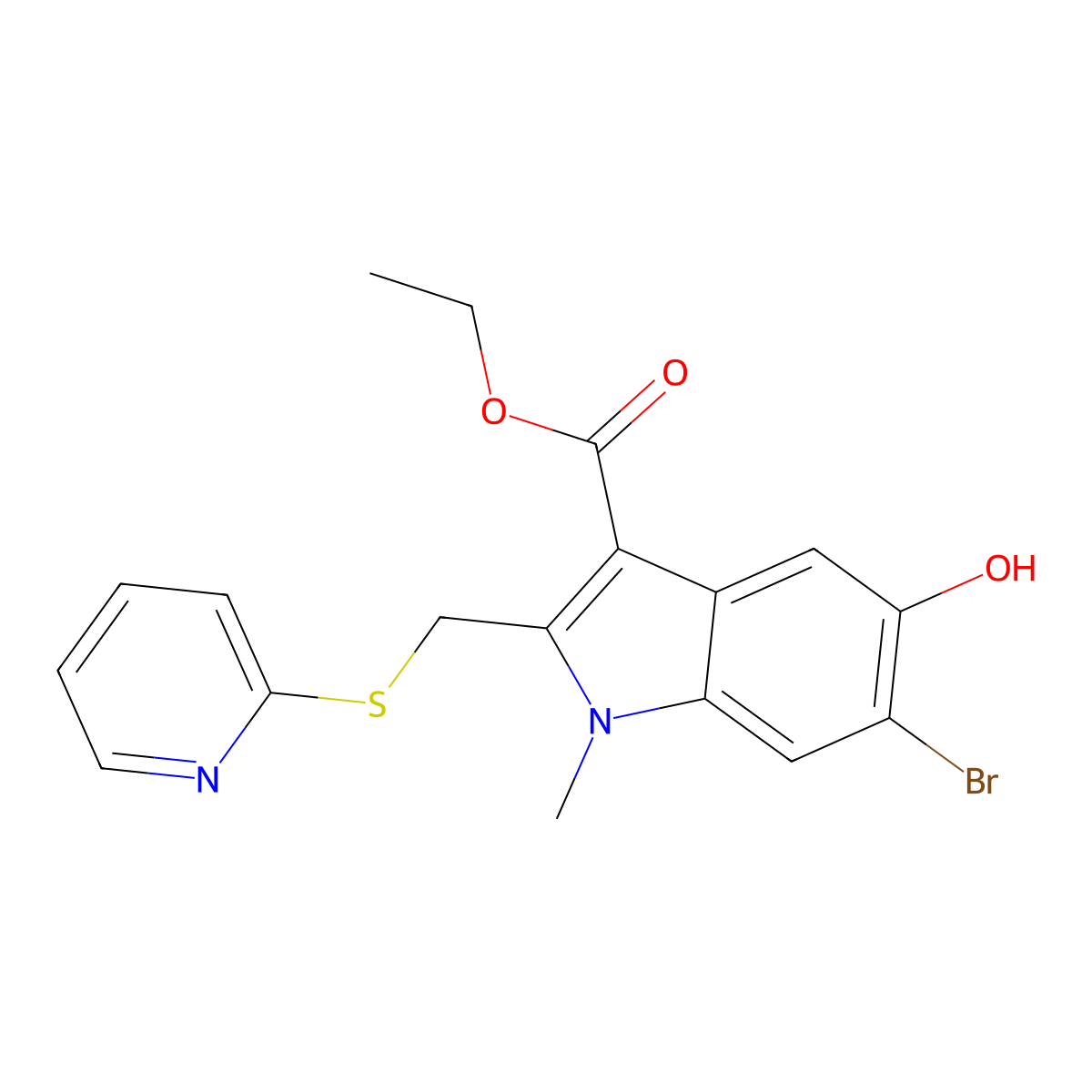 ethyl 6-bromo-5-hydroxy-1-methyl-2-[(2-pyridinylsulfanyl)methyl]-1H-indole-3-carboxylate molecular structure, CAS 141599-36-2