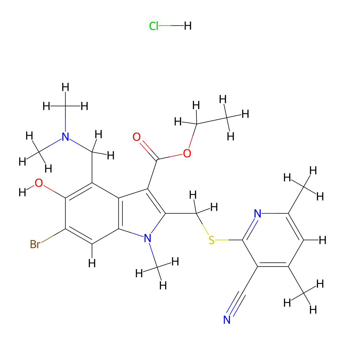 1H-Indole-3-carboxylic acid, 6-bromo-2-(((3-cyano-4,6-dimethyl-2-pyridinyl)thio)methyl)-4-((dimethylamino)methyl)-5-hydroxy-1-methyl-, ethyl ester, monohydrochloride molecular structure, CAS 141599-49-7