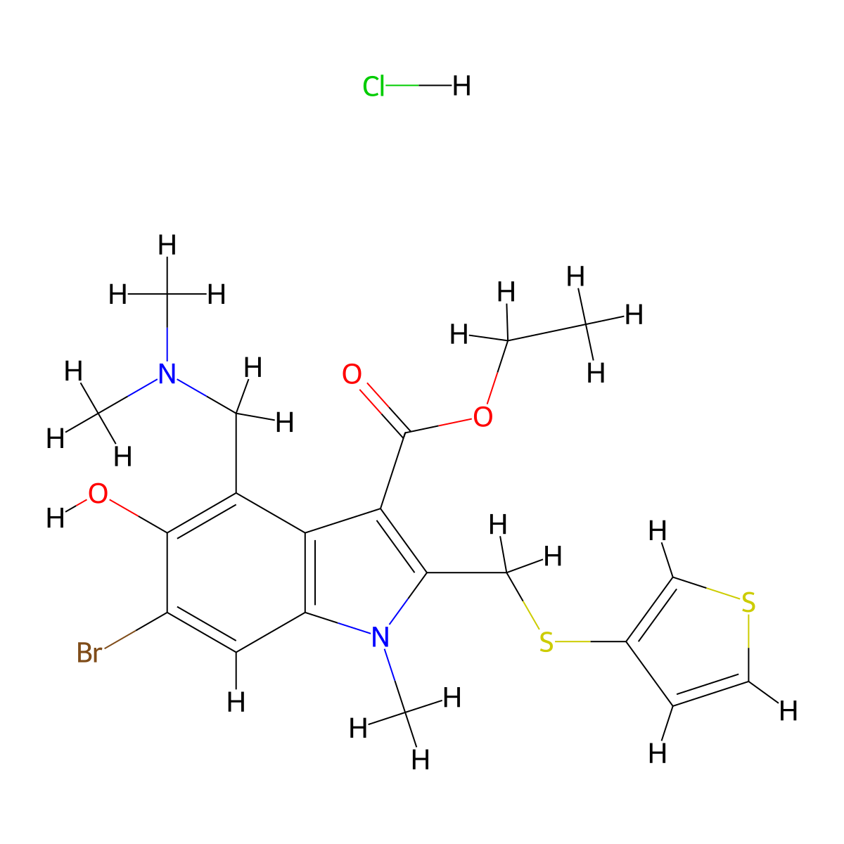 1H-Indole-3-carboxylic acid, 6-bromo-4-((dimethylamino)methyl)-5-hydroxy-1-methyl-2-((3-thienylthio)methyl)-, ethyl ester, monohydrochloride molecular structure, CAS 141599-50-0