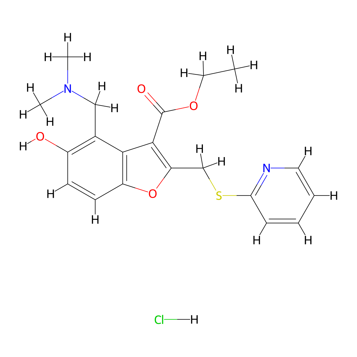 3-Benzofurancarboxylic acid, 4-((dimethylamino)methyl)-5-hydroxy-2-((2-pyridinylthio)methyl)-,ethyl ester, monohydrochloride molecular structure, CAS 141599-54-4