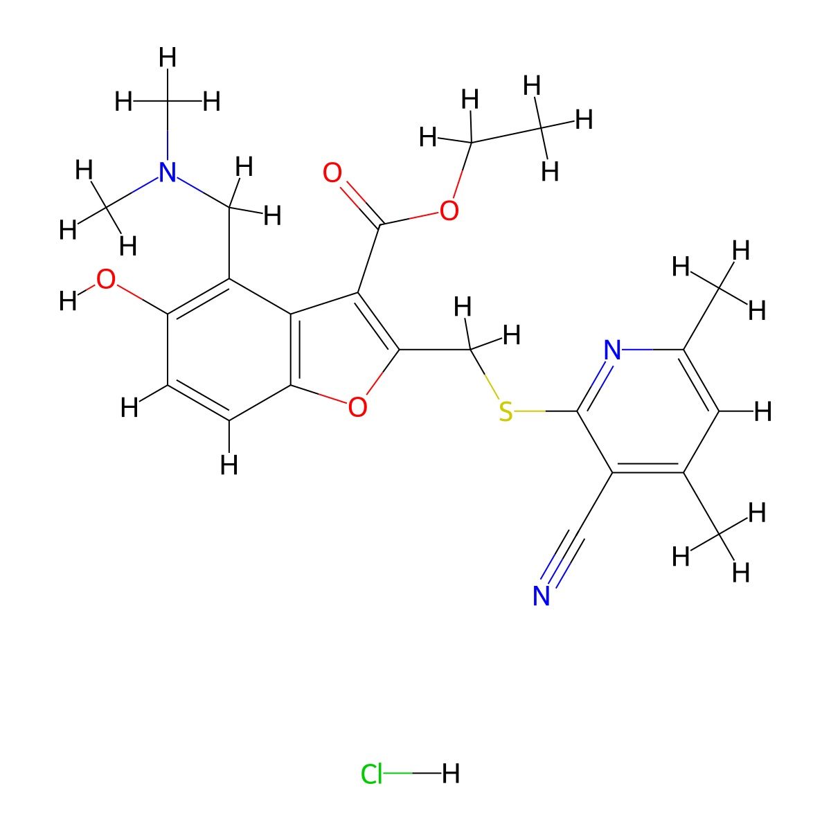 3-Benzofurancarboxylic acid, 2-(((3-cyano-4,6-dimethyl-2-pyridinyl)thio)methyl)-4-((dimethylamino)methyl)-5-hydroxy-, ethyl ester, monohydrochloride molecular structure, CAS 141599-65-7