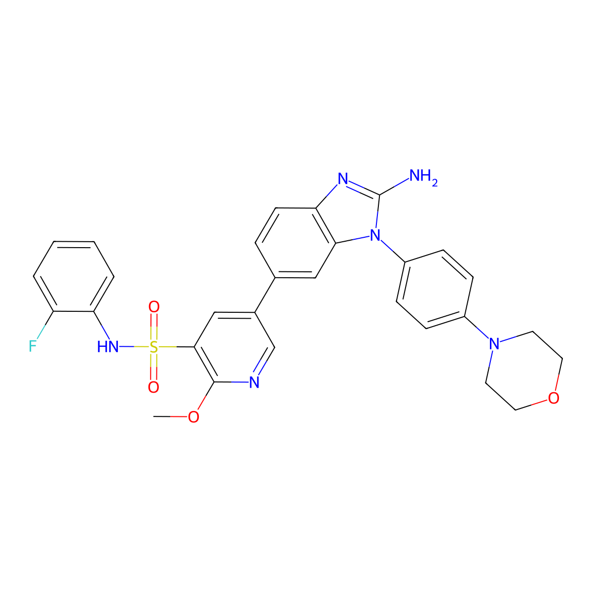 5-[2-amino-3-(4-morpholin-4-ylphenyl)benzimidazol-5-yl]-N-(2-fluorophenyl)-2-methoxypyridine-3-sulfonamide molecular structure, CAS 1416334-69-4