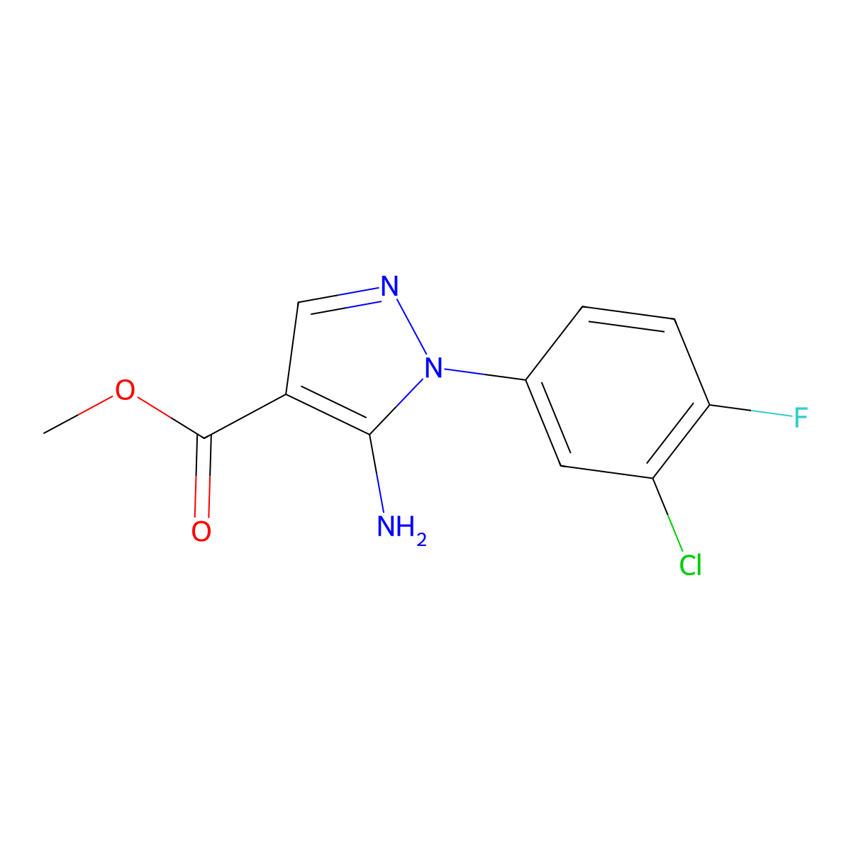 Methyl 5-amino-1-(3-chloro-4-fluorophenyl)-1H-pyrazole-4-carboxylate molecular structure, CAS 1416341-54-2