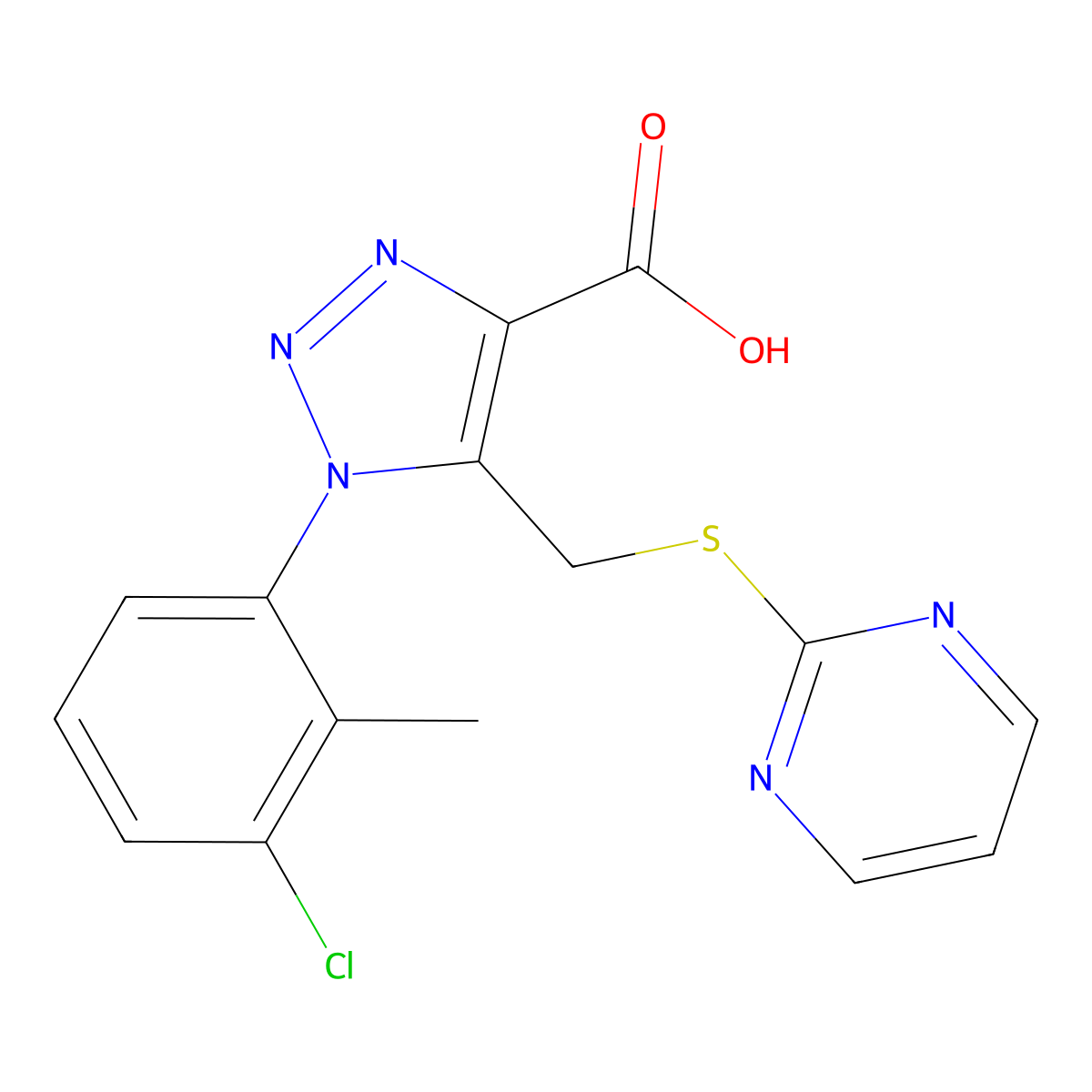 1-(3-Chloro-2-methylphenyl)-5-((pyrimidin-2-ylthio)methyl)-1H-1,2,3-triazole-4-carboxylic acid molecular structure, CAS 1416343-47-9