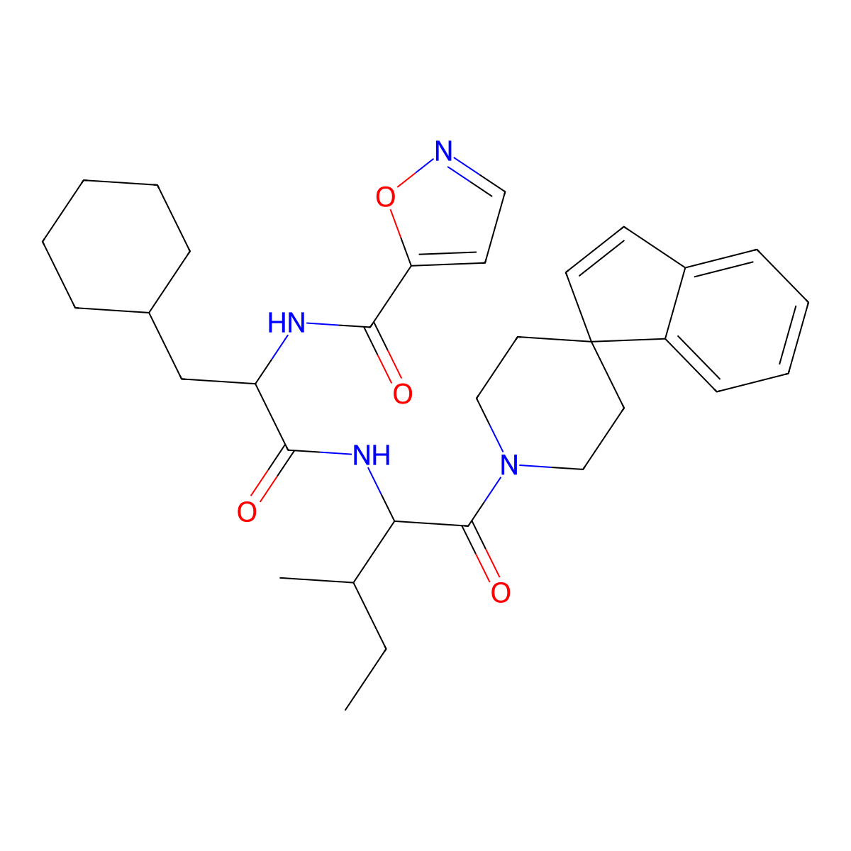 N-[(2S)-3-cyclohexyl-1-[[(2S,3S)-3-methyl-1-oxo-1-spiro[indene-1,4'-piperidine]-1'-ylpentan-2-yl]amino]-1-oxopropan-2-yl]-1,2-oxazole-5-carboxamide molecular structure, CAS 1416435-96-5