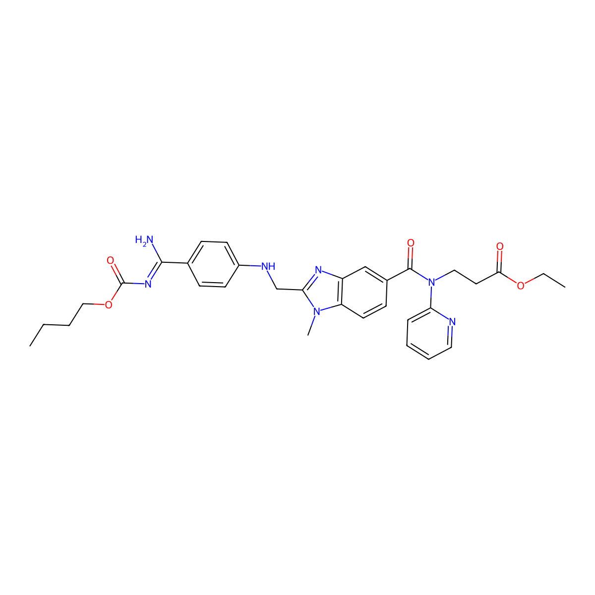 ethyl 3-[[2-[[4-[(Z)-N'-butoxycarbonylcarbamimidoyl]anilino]methyl]-1-methylbenzimidazole-5-carbonyl]-pyridin-2-ylamino]propanoate molecular structure, CAS 1416446-43-9