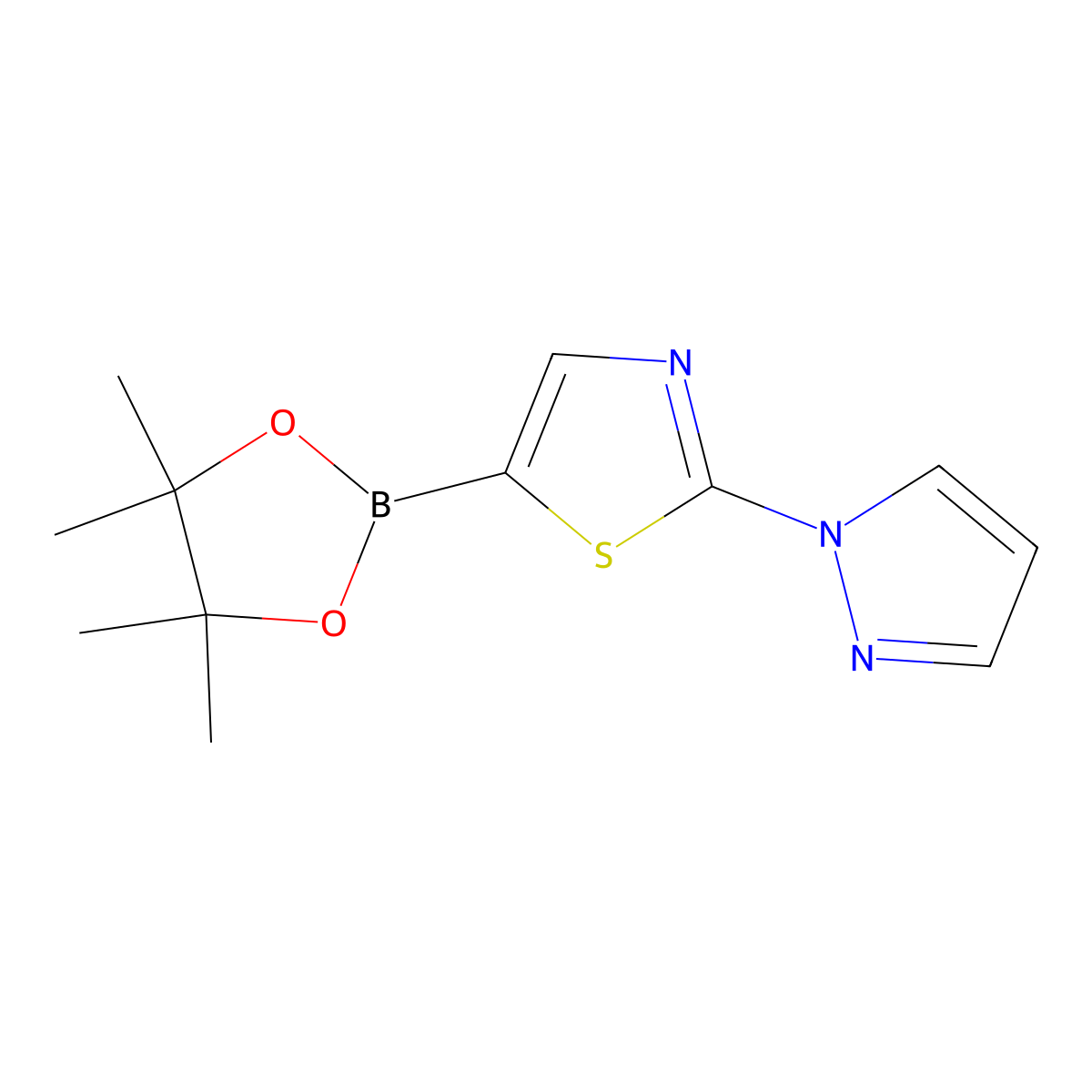 2-(1H-pyrazol-1-yl)-5-(4,4,5,5-tetramethyl-1,3,2-dioxaborolan-2-yl)thiazole molecular structure, CAS 1416720-06-3