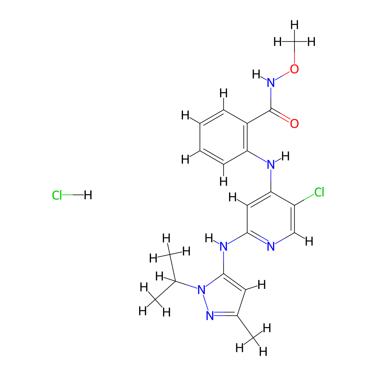 Benzamide, 2-((5-chloro-2-((3-methyl-1-(1-methylethyl)-1H-pyrazol-5-yl)amino)-4-pyridinyl)amino)-N-methoxy-, hydrochloride (1:1) molecular structure, CAS 1416771-10-2