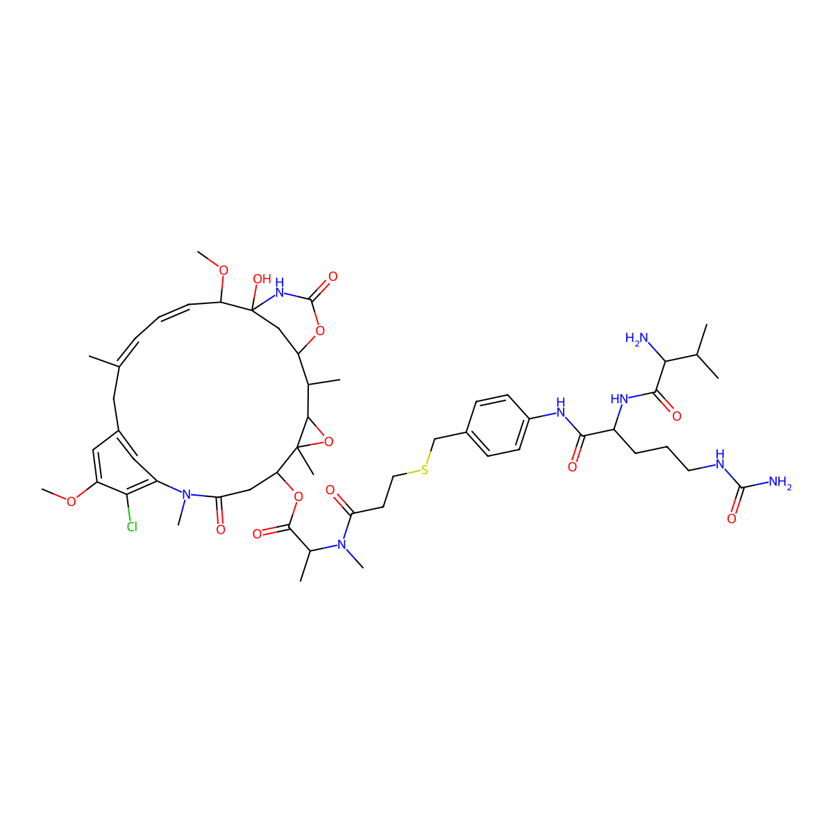 [(1S,2R,3S,5S,6S,16Z,18Z,20R,21S)-11-chloro-21-hydroxy-12,20-dimethoxy-2,5,9,16-tetramethyl-8,23-dioxo-4,24-dioxa-9,22-diazatetracyclo[19.3.1.110,14.03,5]hexacosa-10,12,14(26),16,18-pentaen-6-yl] (2S)-2-[3-[[4-[[(2S)-2-[[(2S)-2-amino-3-methylbutanoyl]amino]-5-(carbamoylamino)pentanoyl]amino]phenyl]methylsulfanyl]propanoyl-methylamino]propanoate molecular structure, CAS 1416792-90-9