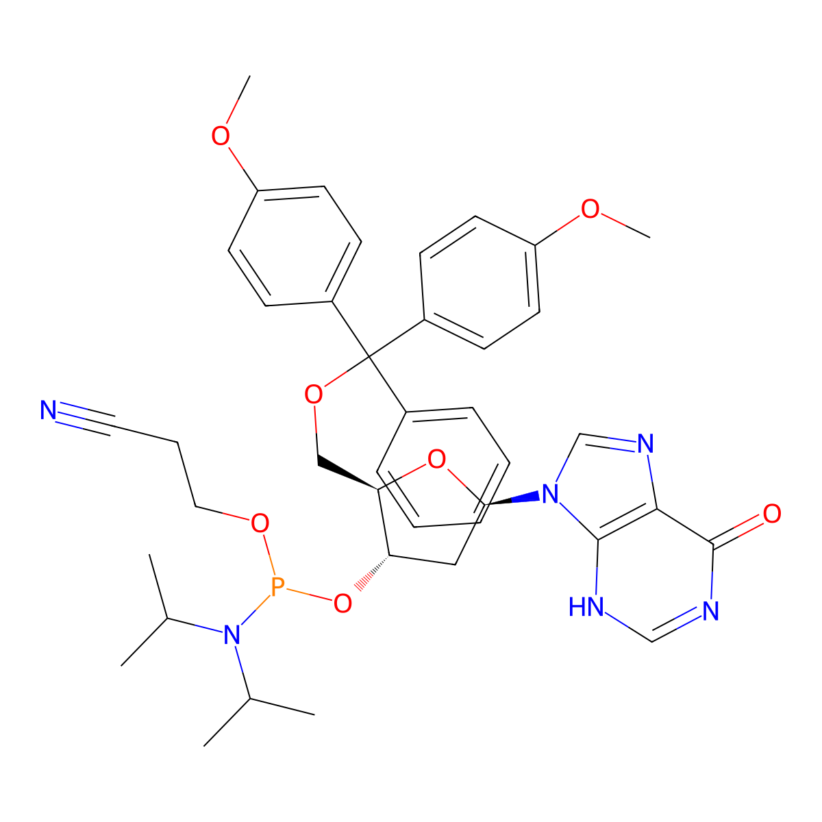 3-[[(2R,3S,5R)-2-[[bis(4-methoxyphenyl)-phenylmethoxy]methyl]-5-(6-oxo-3H-purin-9-yl)oxolan-3-yl]oxy-[di(propan-2-yl)amino]phosphanyl]oxypropanenitrile molecular structure, CAS 141684-35-7