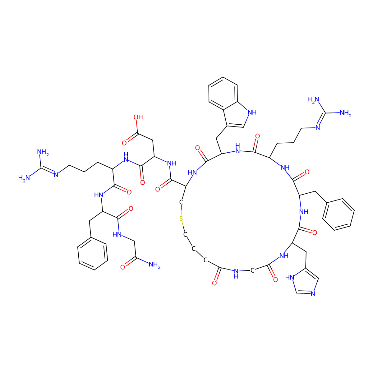 (3S)-4-[[(2S)-1-[[(2S)-1-[(2-amino-2-oxoethyl)amino]-1-oxo-3-phenylpropan-2-yl]amino]-5-(diaminomethylideneamino)-1-oxopentan-2-yl]amino]-3-[[(3R,6S,9S,12S,15S)-12-benzyl-9-[3-(diaminomethylideneamino)propyl]-15-(1H-imidazol-5-ylmethyl)-6-(1H-indol-3-ylmethyl)-5,8,11,14,17,20-hexaoxo-1-thia-4,7,10,13,16,19-hexazacyclotricosane-3-carbonyl]amino]-4-oxobutanoic acid molecular structure, CAS 1416983-77-1