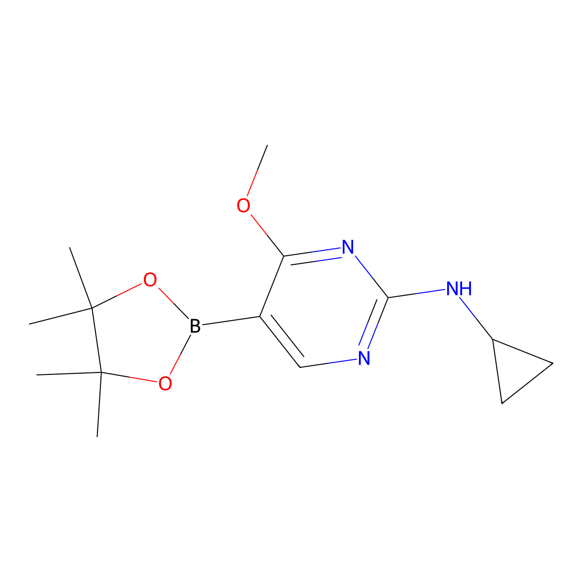 2-Pyrimidinamine, N-cyclopropyl-4-methoxy-5-(4,4,5,5-tetramethyl-1,3,2-dioxaborolan-2-yl)- molecular structure, CAS 1417200-26-0