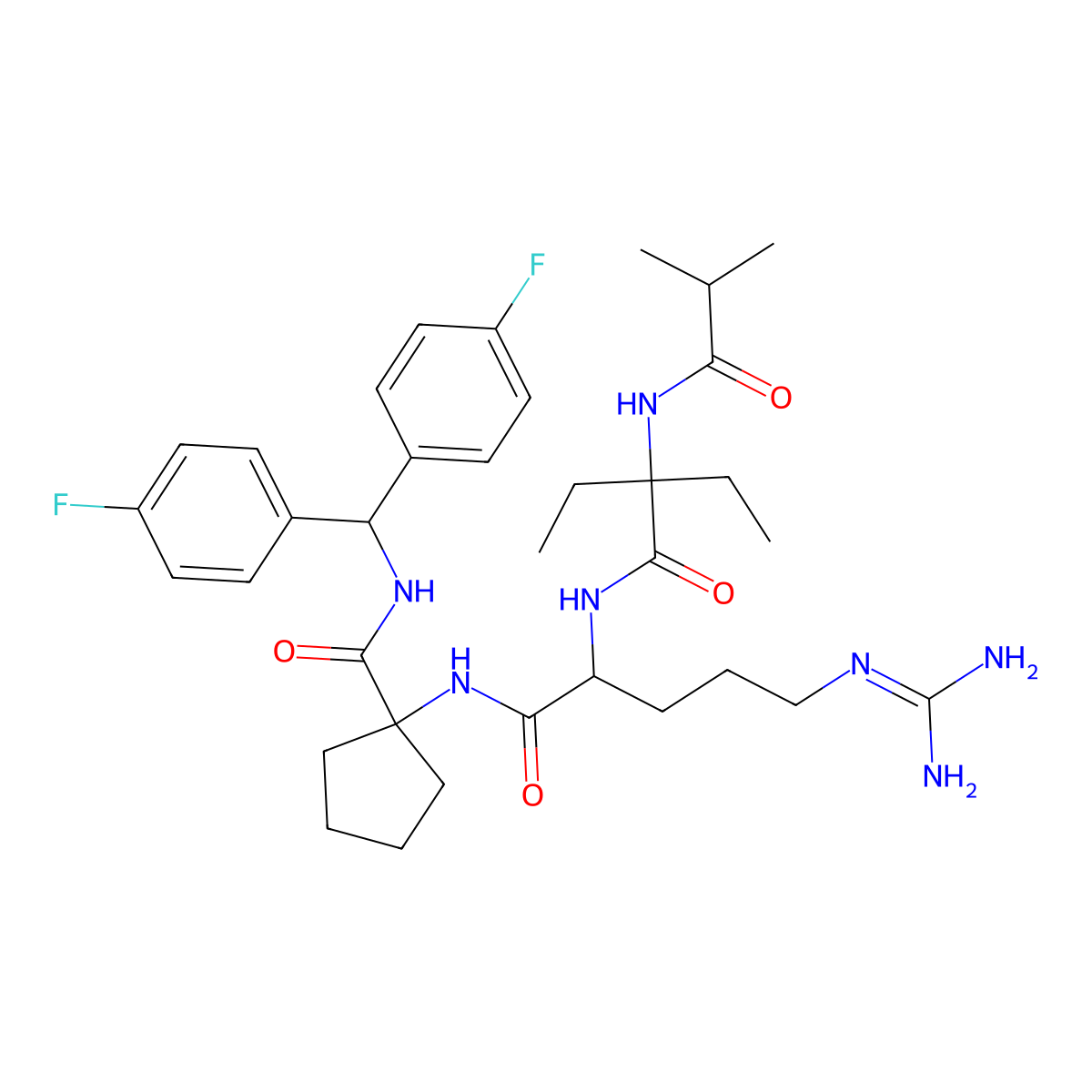 N-[bis(4-fluorophenyl)methyl]-1-[[(2S)-5-(diaminomethylideneamino)-2-[[2-ethyl-2-(2-methylpropanoylamino)butanoyl]amino]pentanoyl]amino]cyclopentane-1-carboxamide molecular structure, CAS 1417329-24-8