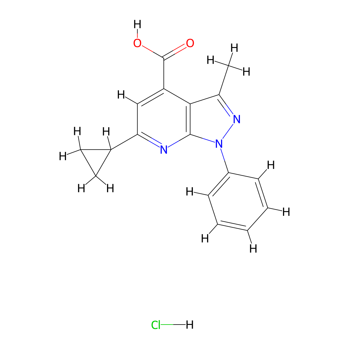 6-cyclopropyl-3-methyl-1-phenyl-1H-pyrazolo[3,4-b]pyridine-4-carboxylic acid hydrochloride molecular structure, CAS 1417566-79-0