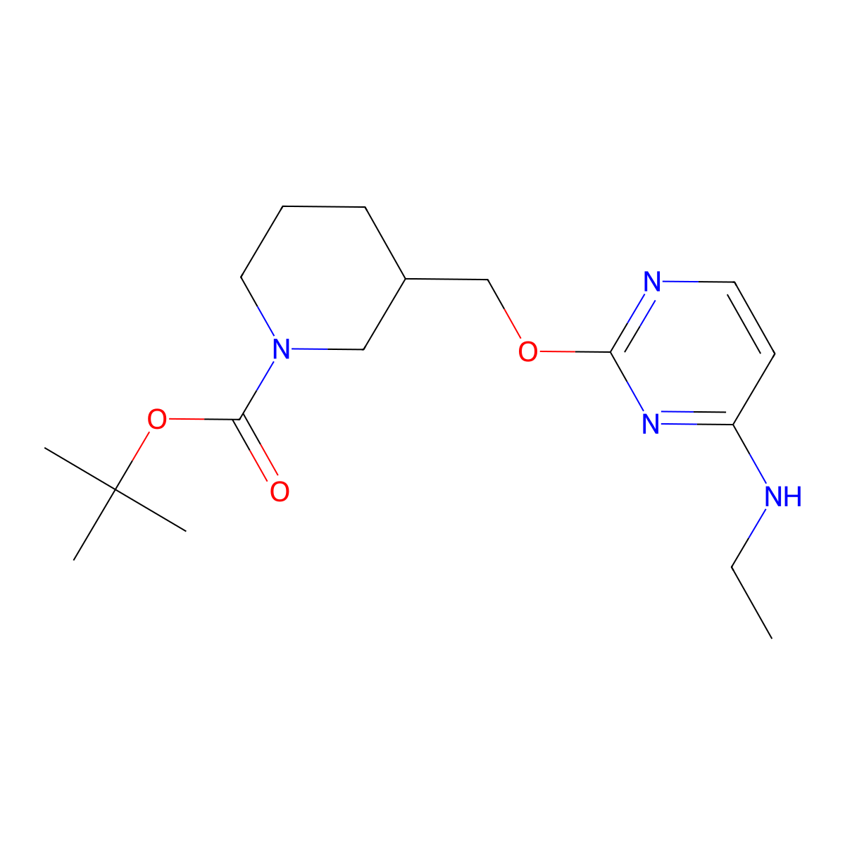 tert-Butyl 3-(((4-(ethylamino)pyrimidin-2-yl)oxy)methyl)piperidine-1-carboxylate molecular structure, CAS 1417793-85-1