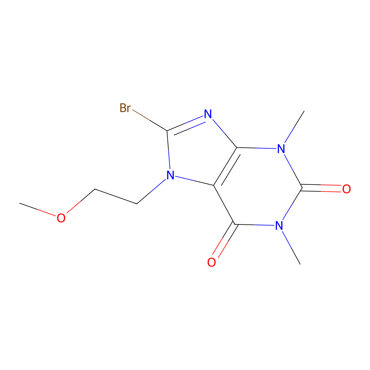 8-bromo-7-(2-methoxyethyl)-1,3-dimethyl-3,7-dihydro-1H-purine-2,6-dione molecular structure, CAS 141794-40-3