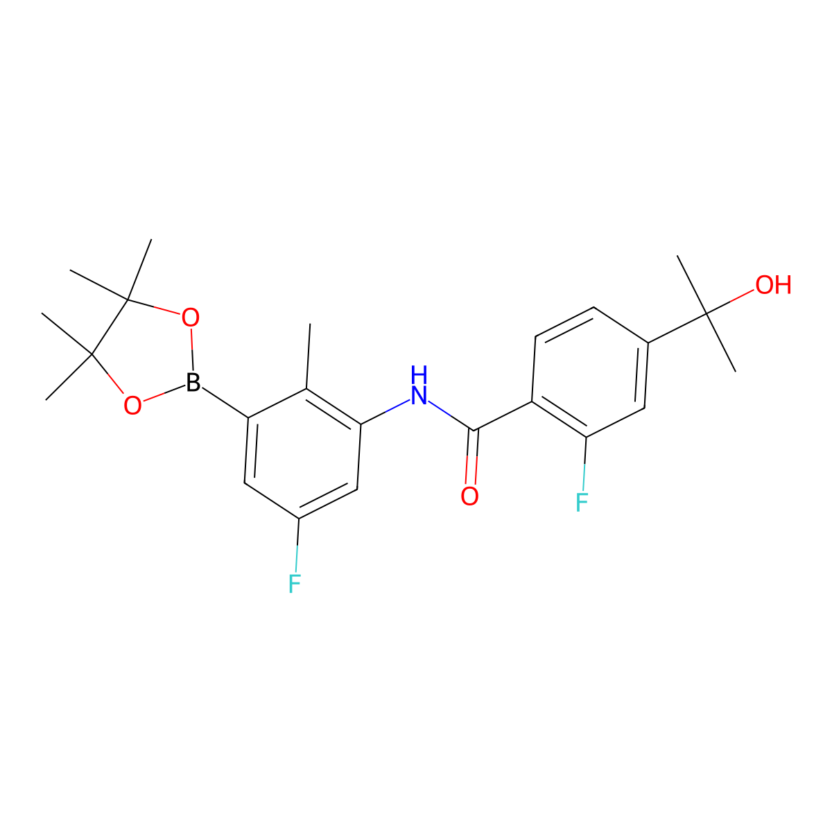 2-Fluoro-N-(5-fluoro-2-methyl-3-(4,4,5,5-tetramethyl-1,3,2-dioxaborolan-2-yl)phenyl)-4-(2-hydroxypropan-2-yl)benzamide molecular structure, CAS 1418128-72-9