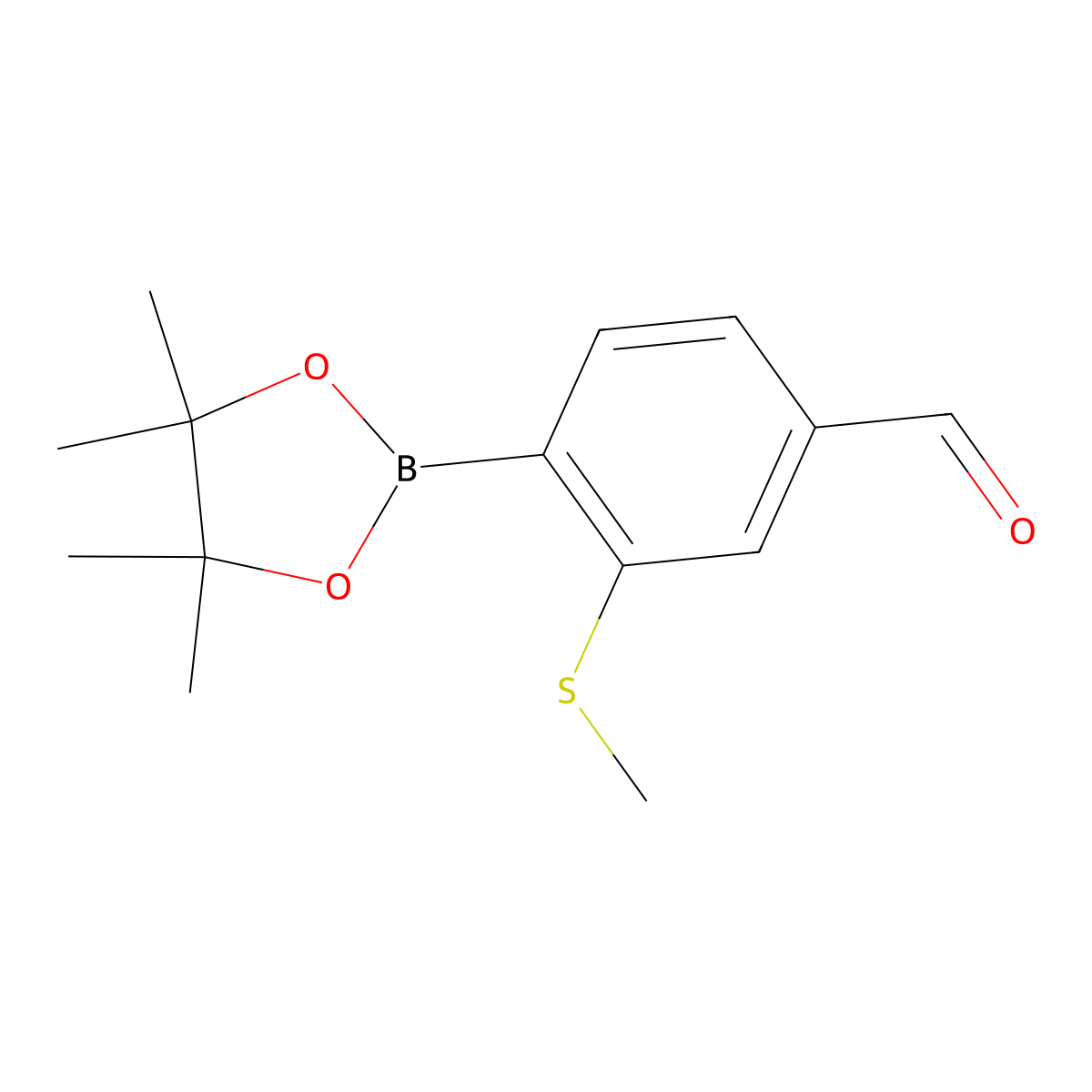 Benzaldehyde, 3-(methylthio)-4-(4,4,5,5-tetramethyl-1,3,2-dioxaborolan-2-yl)- molecular structure, CAS 1418129-43-7