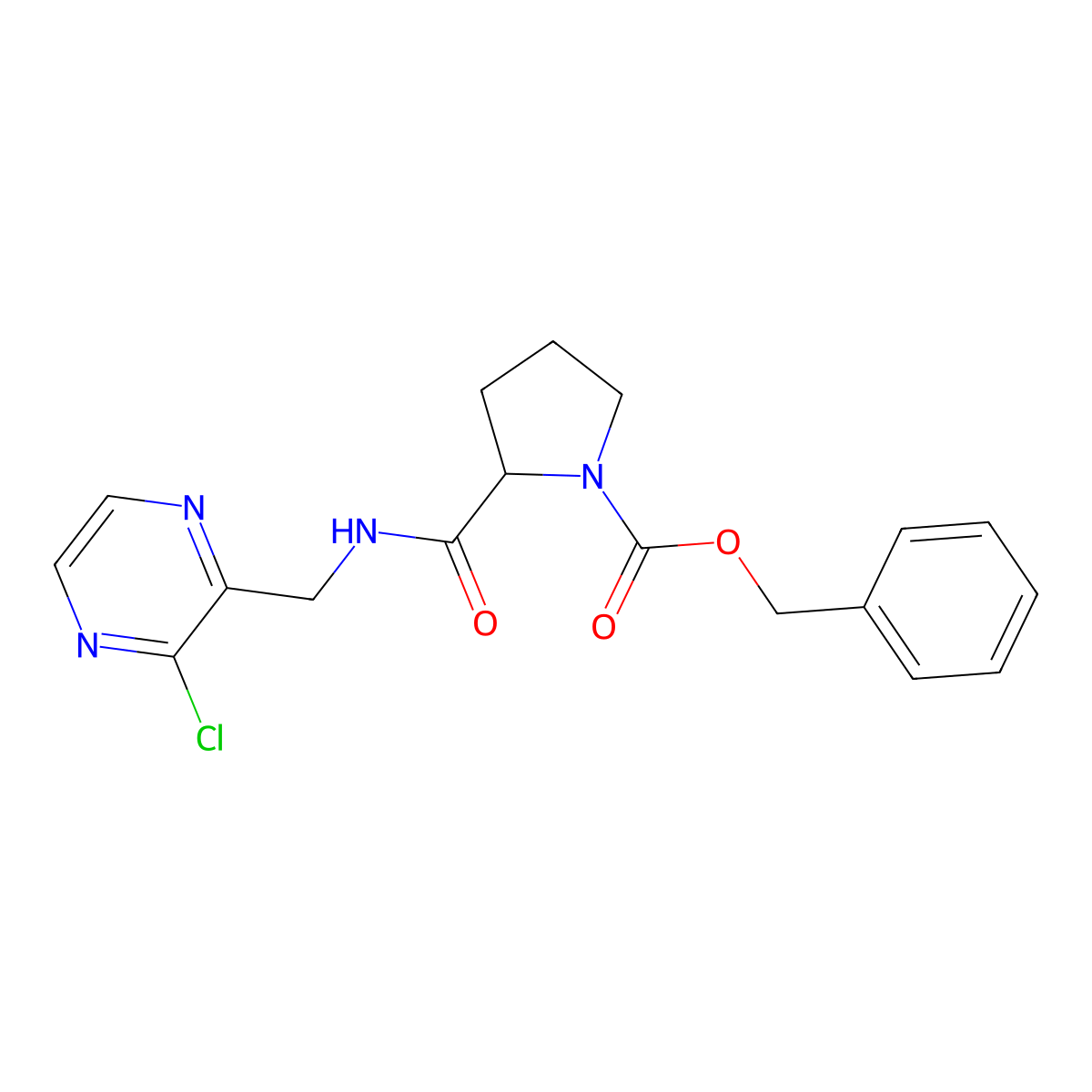 1-Pyrrolidinecarboxylic acid, 2-[[[(3-chloro-2-pyrazinyl)methyl]amino]carbonyl]-, phenylmethyl ester, (2S)- molecular structure, CAS 1418307-17-1