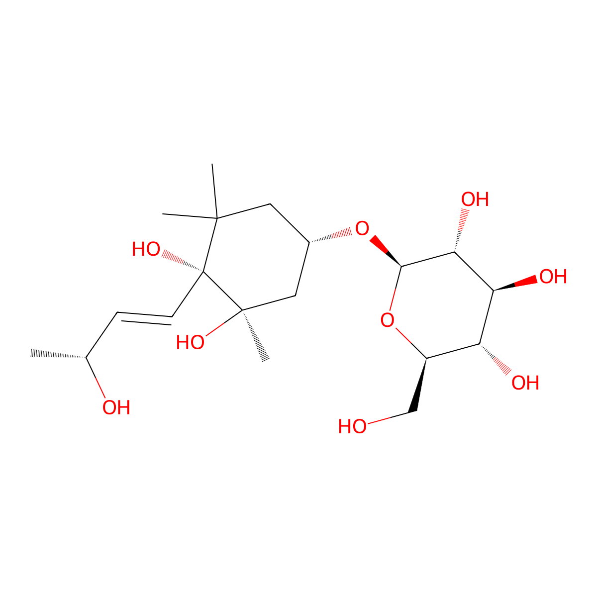 (2R,3R,4S,5S,6R)-2-[(1S,3R,4R)-3,4-dihydroxy-4-[(E,3R)-3-hydroxybut-1-enyl]-3,5,5-trimethylcyclohexyl]oxy-6-(hydroxymethyl)oxane-3,4,5-triol molecular structure, CAS 141897-12-3