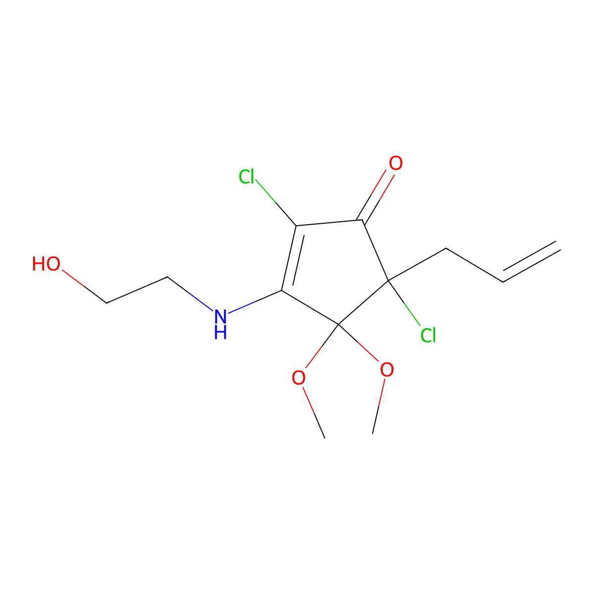 2-Cyclopenten-1-one, 2,5-dichloro-4,4-dimethoxy-3-((2-hydroxyethyl)amino)-5-(2-propenyl)- molecular structure, CAS 141917-54-6