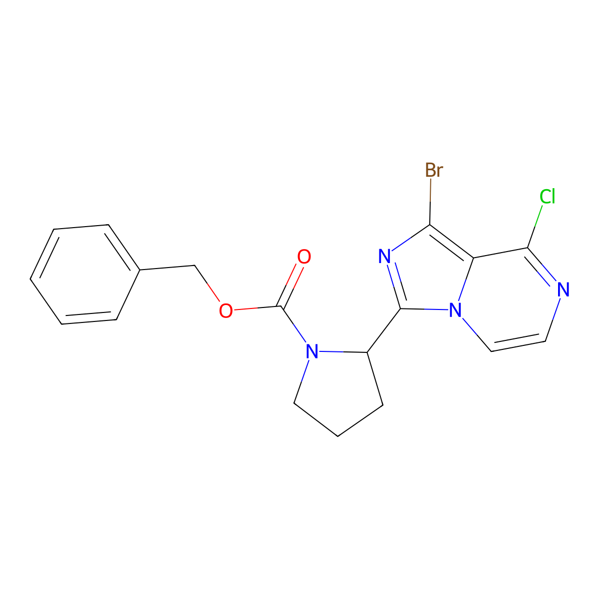 1-Pyrrolidinecarboxylic acid, 2-(1-bromo-8-chloroimidazo(1,5-a)pyrazin-3-yl)-, phenylmethyl ester, (2S)- molecular structure, CAS 1420478-87-0