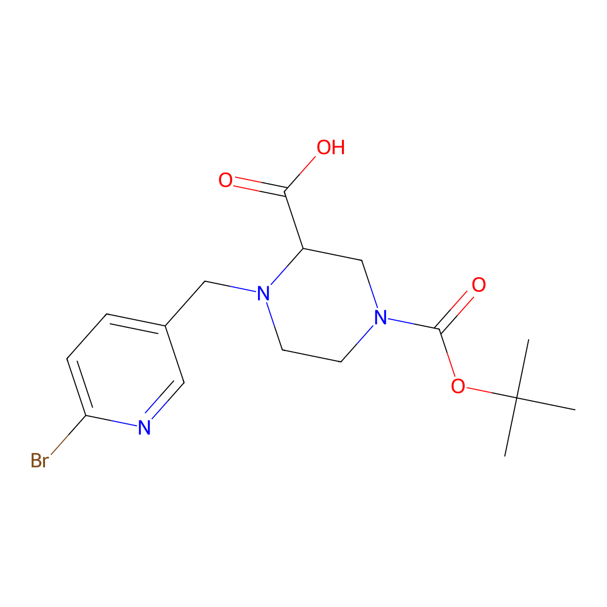 1-((6-Bromopyridin-3-yl)methyl)-4-(tert-butoxycarbonyl)piperazine-2-carboxylic acid molecular structure, CAS 1420785-03-0