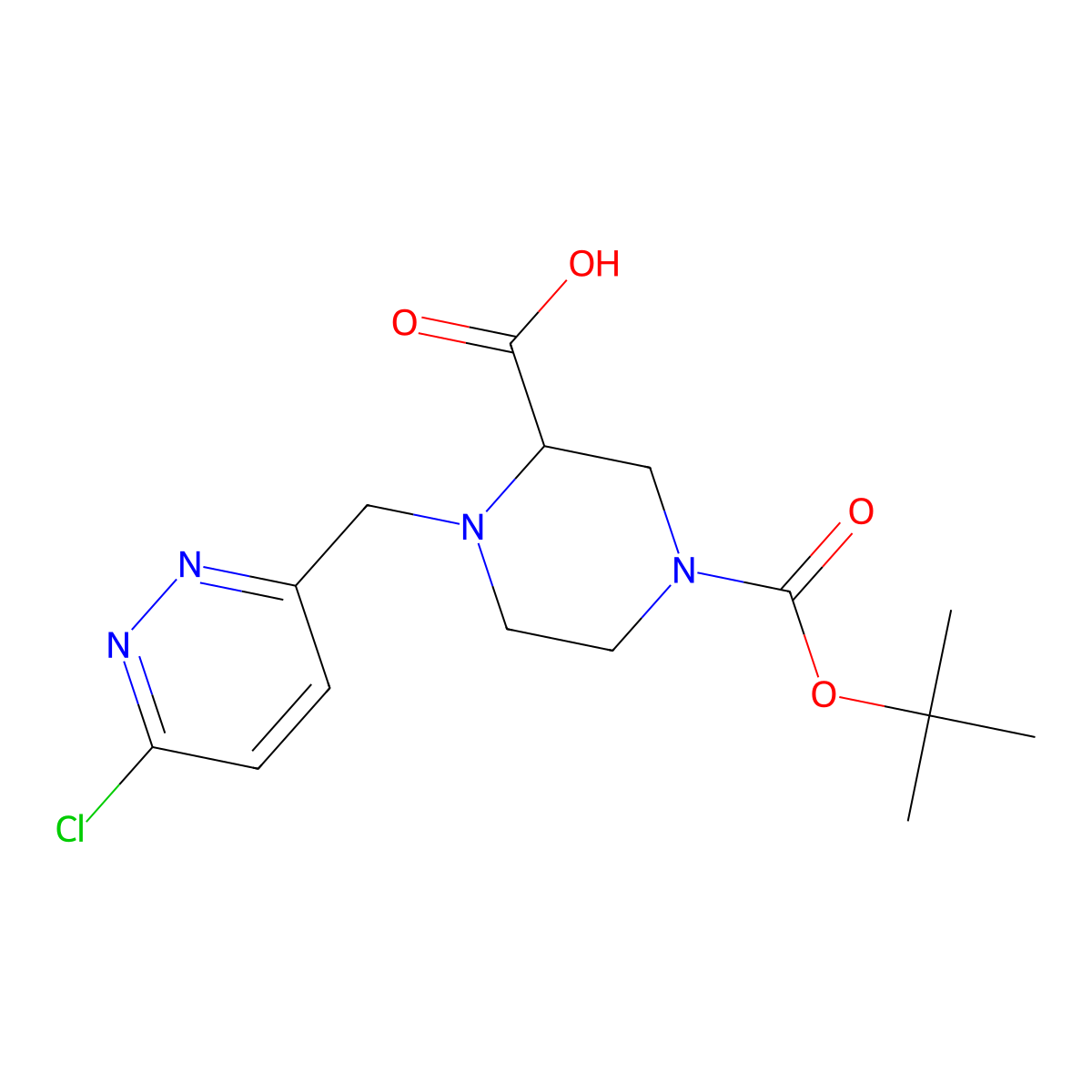 4-(Tert-butoxycarbonyl)-1-((6-chloropyridazin-3-yl)methyl)piperazine-2-carboxylic acid molecular structure, CAS 1420785-20-1