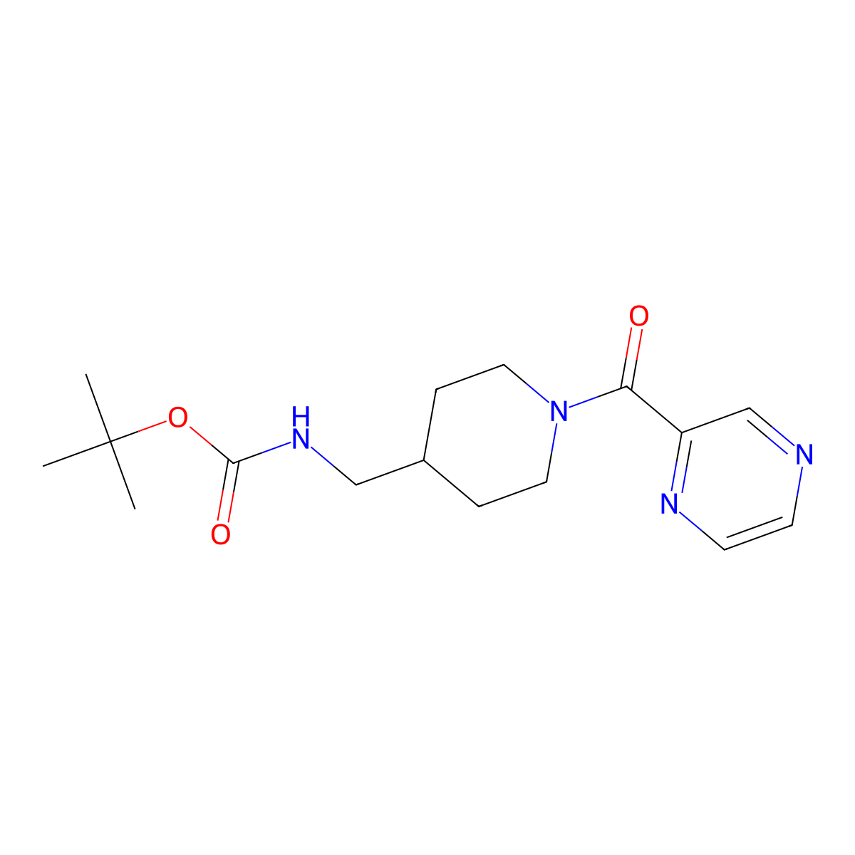 Tert-butyl ((1-(pyrazine-2-carbonyl)piperidin-4-yl)methyl)carbamate molecular structure, CAS 1420823-74-0