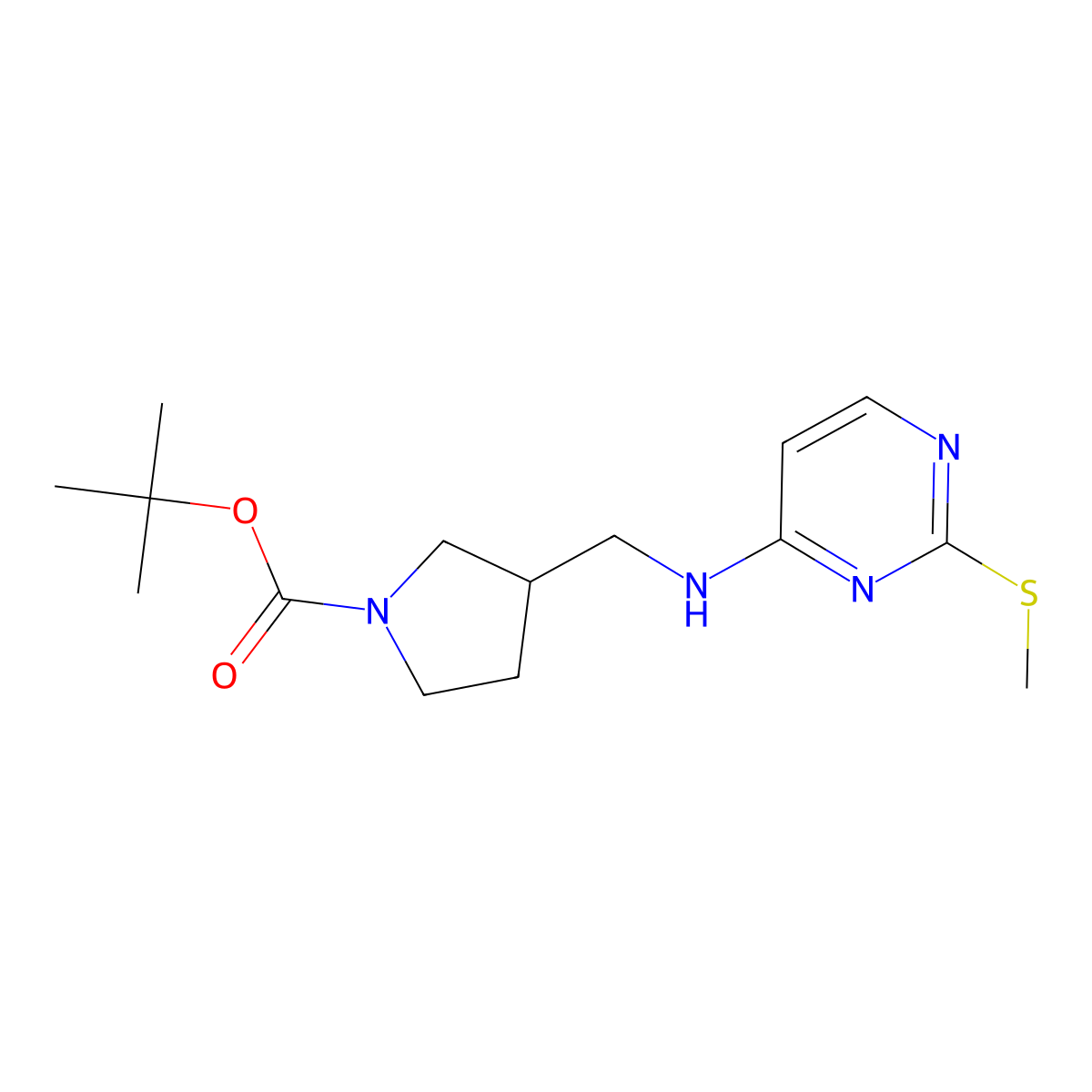 tert-Butyl 3-(((2-(methylthio)pyrimidin-4-yl)amino)methyl)pyrrolidine-1-carboxylate molecular structure, CAS 1420842-46-1