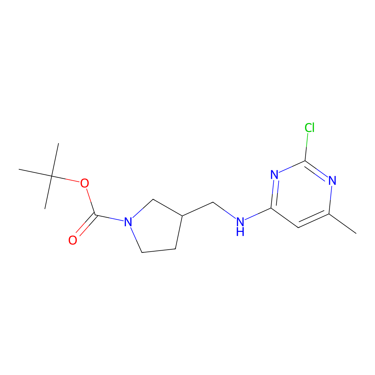 tert-Butyl 3-(((2-chloro-6-methylpyrimidin-4-yl)amino)methyl)pyrrolidine-1-carboxylate molecular structure, CAS 1420851-20-2